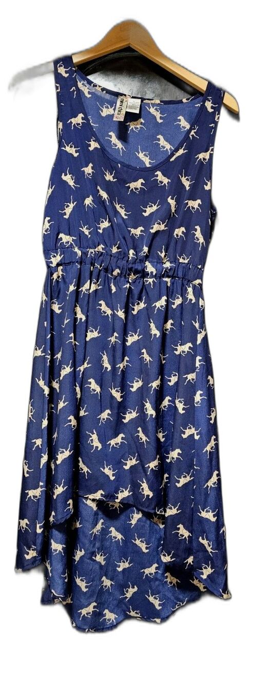 Mimi Chica Horse Print Hi-Low Dress Blue White Sleeveless Polyester Size L